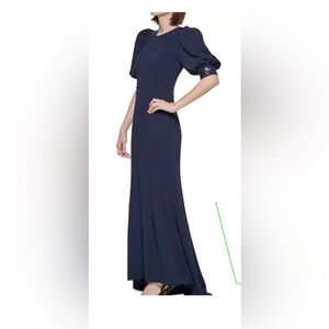 NWT Calvin Klein Navy Blue Long crepe style dress with sequin puff sleeves 14